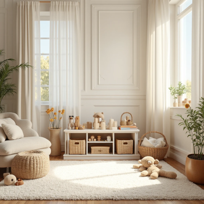Canto de brincar com atmosfera acolhedora, em tons neutros e luz natural suave. Tapete felpudo bege, sofá claro e mobiliário baixo com cestos de palha e brinquedos de madeira organizados em nichos. Plantas e flores secas complementam o ambiente, transmitindo calma e leveza.