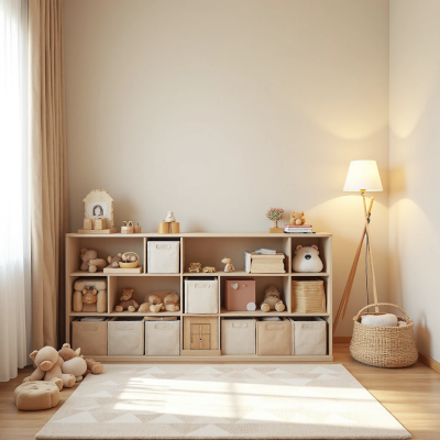 Espaço infantil minimalista e organizado, com estante baixa de madeira clara, cestos e caixas de tecido neutro abrigando brinquedos e pelúcias. Iluminação quente de abajur e cortina clara filtrando a luz da tarde criam sensação de serenidade e acolhimento.