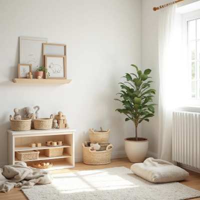 Canto de brincadeiras no estilo escandinavo, com cores suaves e texturas naturais. Prateleira com desenhos infantis em molduras simples, cestos de palha com brinquedos de madeira, tapete claro e planta em vaso cerâmico junto à janela iluminada por luz natural suave.