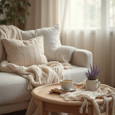Sala iluminada por luz natural, sofá claro com manta macia e almofada, mesa de madeira com xícara de café soltando vapor e pequeno vaso de lavanda.