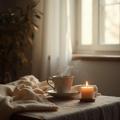 Xícara de chá fumegante sobre tecido macio, ao lado de uma vela acesa, em frente a uma janela com cortina clara e luz suave entrando.