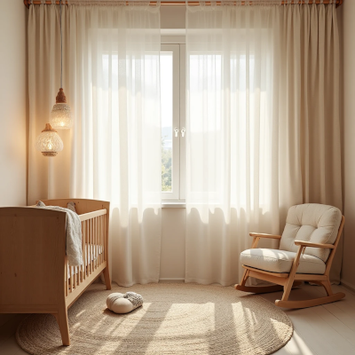 Quarto de bebê iluminado por luz natural, com berço de madeira clara, poltrona de amamentação e cortinas translúcidas em tons neutros, transmitindo calma e aconchego.