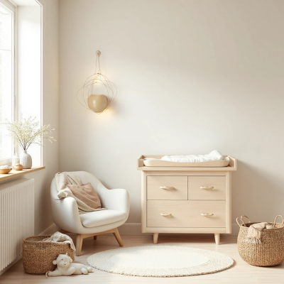 Cantinho de cuidado para o bebê com trocador de madeira clara, poltrona confortável, cestos de fibra e iluminação suave, criando um espaço funcional e sereno.