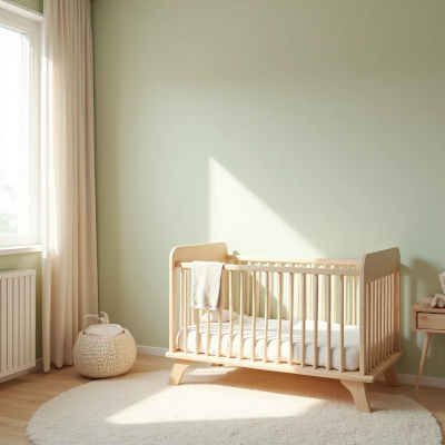 Berço minimalista em madeira clara junto à parede verde suave, cercado por luz natural e elementos naturais, simbolizando tranquilidade e simplicidade.