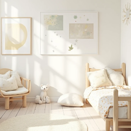 Quarto infantil iluminado com móveis de madeira clara, cama pequena, poltrona aconchegante e quadros sutis nas paredes. A atmosfera é leve, natural e sem excesso de estímulo visual.