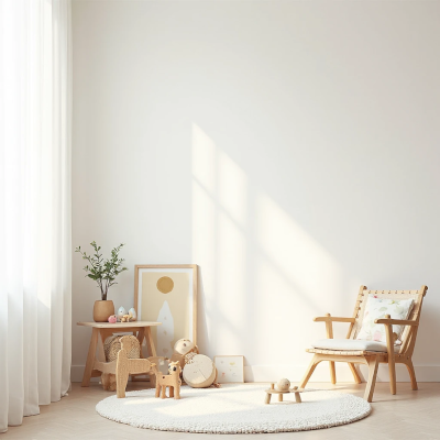 Canto lúdico de quarto infantil com tapete redondo claro, brinquedos de madeira, mesa pequena com vaso e quadro minimalista encostado na parede. O espaço tem luz suave e decoração minimalista.