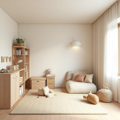 Espaço infantil contemporâneo com móveis de madeira clara, almofadas em tons neutros e uma poltrona baixa sobre tapete bege. O ambiente é iluminado por uma luminária de parede com luz quente, transmitindo sensação de calma, segurança e leveza.