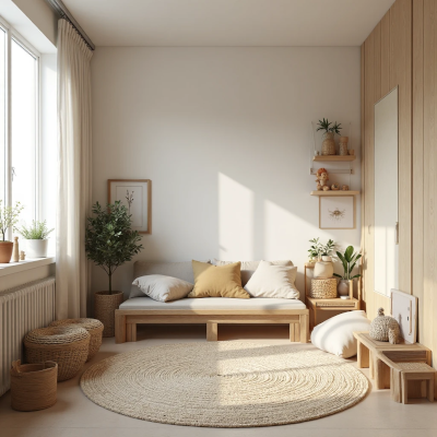 Quarto infantil em estilo escandinavo com tons de madeira clara e branco, tapete redondo de fibras naturais e bancada baixa com almofadas. O ambiente recebe luz suave pela janela ampla, destacando as plantas, prateleiras minimalistas e a harmonia natural do espaço.