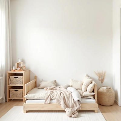 Quarto infantil minimalista em tons neutros, com cama montessoriana de madeira clara, cestos de fibras naturais e mantas em bege e off-white. A luz suave valoriza a textura dos tecidos e a sensação de tranquilidade do espaço.