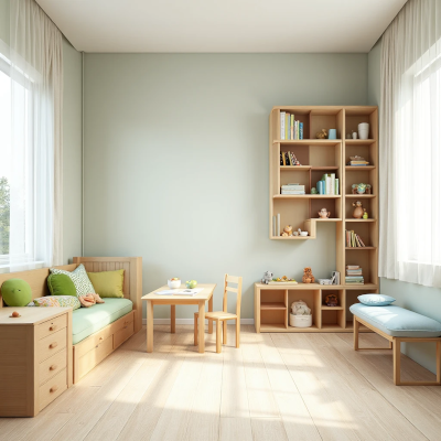 Espaço infantil contemporâneo com parede verde-clara, móveis de madeira natural e almofadas em tons suaves de verde e azul. O ambiente conta com prateleiras, mesa e cadeiras na altura da criança, favorecendo autonomia e organização visual.