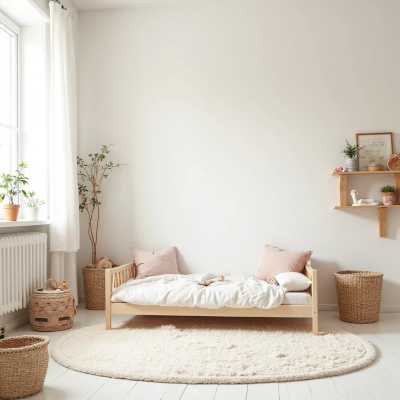 Quarto infantil em estilo escandinavo, com cama baixa de madeira clara, tapete felpudo oval e cestos de palha organizando brinquedos e objetos. A luz natural entra pela janela com cortinas brancas, criando uma atmosfera calma e acolhedora.