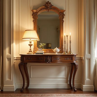 Aparador de madeira entalhada em estilo clássico, com espelho ornamentado ao fundo, uma luminária com cúpula bege e castiçais metálicos sobre a superfície.