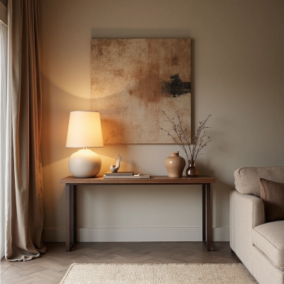 Mesa console de madeira em estilo minimalista, com luminária cerâmica clara, vasos decorativos e quadro abstrato em tons terrosos na parede ao fundo.