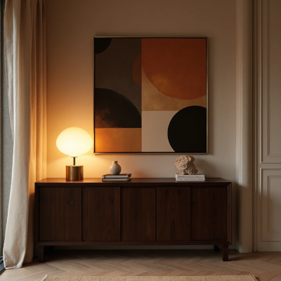 Buffet de madeira escura com luminária de esfera opalina, escultura decorativa e quadro geométrico em tons quentes pendurado na parede.