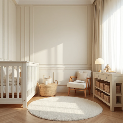 Quarto de bebê em estilo clássico, com berço branco, parede com boiseries, cortinas claras e poltrona com almofada. A luz suave entra pela janela e realça o tapete redondo de lã no chão, criando uma atmosfera calma e acolhedora.