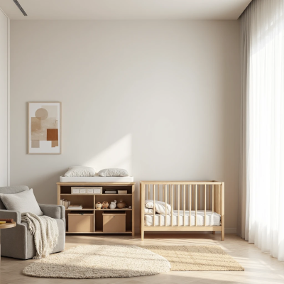 Quarto de bebê contemporâneo com design minimalista. Berço e trocador de madeira clara, poltrona cinza e tapete em tons neutros. A luz natural atravessa cortinas leves, transmitindo sensação de ordem, serenidade e funcionalidade.