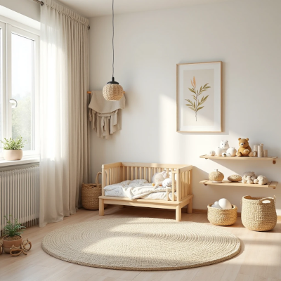 Quarto de bebê em estilo escandinavo com móveis de madeira clara, tapete redondo de fibras naturais e prateleiras com brinquedos neutros. As plantas, a luz natural e os detalhes em palha criam um ambiente suave, leve e afetivo.