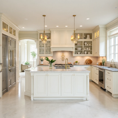 Cozinha clássica elegante com armários brancos detalhados, ilha central com bancada de pedra, lustres dourados e iluminação quente que destaca a decoração tradicional.