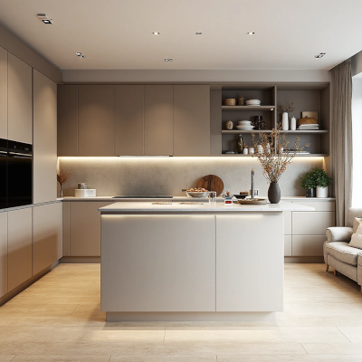 Cozinha minimalista em tons de bege com ilha central, armários lisos, iluminação embutida sob os armários e detalhes decorativos discretos nas prateleiras abertas.