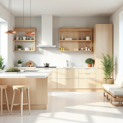 Cozinha moderna em tons claros com armários de madeira natural, ilha central branca, prateleiras abertas e plantas que trazem leveza ao ambiente.