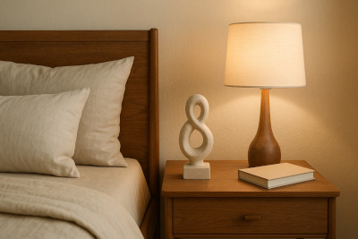 Quarto com cama de madeira clara, travesseiros bege e uma mesa de cabeceira com escultura abstrata clara em forma de laço e luminária de base em madeira.