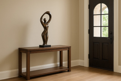 Hall de entrada com mesa retangular de madeira e escultura metálica abstrata em forma de figura humana com braços erguidos; porta escura com vidro ao fundo.