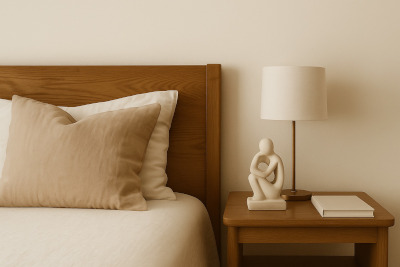 Cama com cabeceira de madeira e travesseiros bege, ao lado de uma mesa de cabeceira com luminária clara e escultura decorativa abstrata em tom creme.
