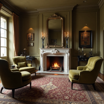 Sala clássica com lareira de mármore acesa, poltronas de veludo verde-musgo e tapete persa, transmitindo elegância e aconchego tradicional.