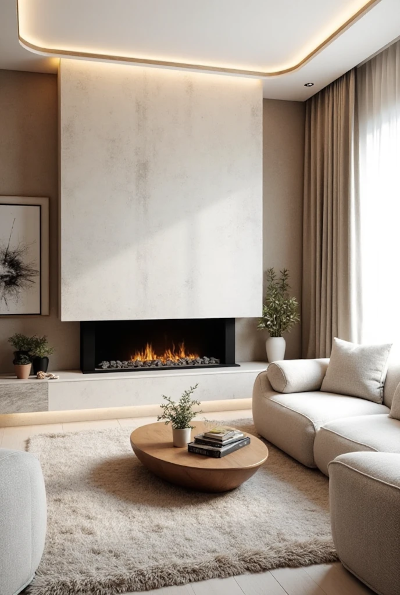 Sala contemporânea com lareira embutida, sofá claro e mesa de centro de madeira, em tons neutros e iluminação suave para um ambiente moderno e acolhedor.