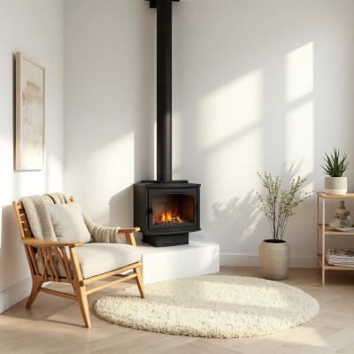 Canto escandinavo com lareira a lenha preta, poltrona de madeira clara e tapete felpudo branco, em um espaço minimalista e luminoso.