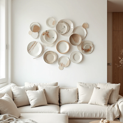 Parede decorada com composição moderna de pratos em tons neutros acima de um sofá claro em uma sala aconchegante e minimalista