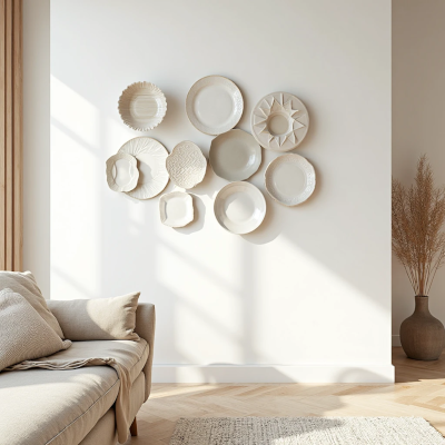 Composição de pratos cerâmicos brancos e texturizados em parede iluminada pelo sol, ao lado de um sofá neutro em ambiente natural e minimalista