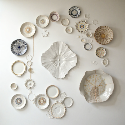 Arranjo artístico de pratos decorativos em diferentes tamanhos, formatos e padrões formando uma composição circular na parede branca.