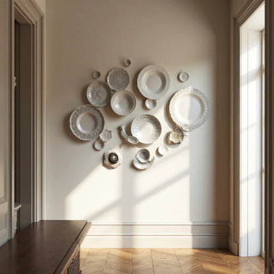 Composição decorativa de pratos brancos e texturizados na parede de um corredor iluminado pelo sol, criando um arranjo orgânico acima de um móvel de madeira.