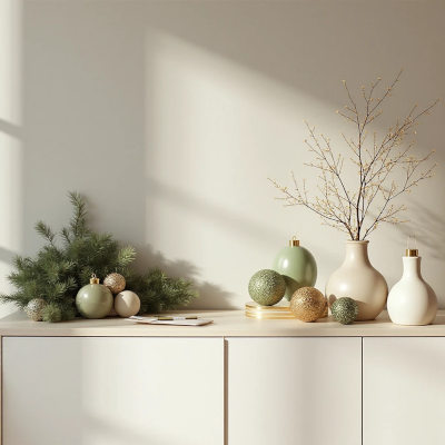  Arranjo natalino minimalista sobre um aparador claro, com ramos verdes, bolas decorativas em tons de verde e dourado e vasos de cerâmica em cores neutras.