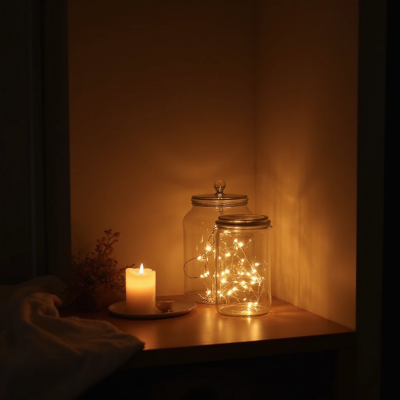 Cantinho de Ano Novo com iluminação suave: potes de vidro com luzes quentes, vela acesa e tecidos naturais criam um clima acolhedor e introspectivo para a virada do ano.