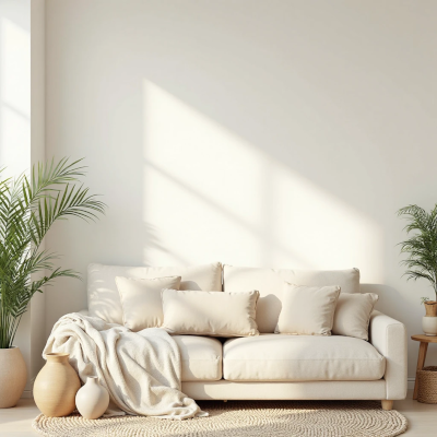 Sala de estar clara e minimalista decorada com sofá neutro, manta leve e plantas naturais, criando um ambiente calmo e renovador para celebrar o Ano Novo sem gastar.