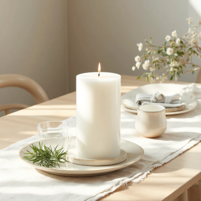 Mesa simples e simbólica para o Ano Novo com vela branca acesa, louças claras e elementos naturais, representando renovação, intenção e começo de um novo ciclo.