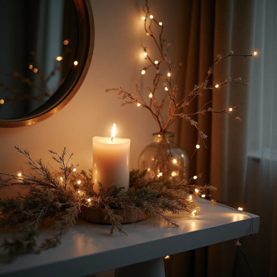 Cenário natalino com vela acesa sobre guirlanda de folhagens secas, luzes de pisca-pisca ao redor e vaso com galhos iluminados ao fundo, criando clima aconchegante.