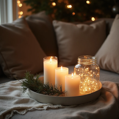 Bandeja decorativa com velas brancas acesas, ramo verde e pote de vidro cheio de luzinhas, apoiada sobre manta macia em ambiente acolhedor.