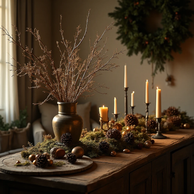 Aparador de madeira decorado com arranjo natalino natural composto por galhos secos em vaso metálico, pinhas, musgo verde, ornamentos dourados e velas altas em castiçais, com guirlanda verde ao fundo.