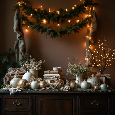Buffet de madeira escura com decoração natalina composta por bolas douradas e brancas, ramos secos, vasos cerâmicos, livros empilhados e guirlanda iluminada pendurada na parede ao fundo.