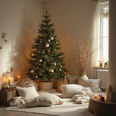 Sala aconchegante com árvore de Natal decorada em tons neutros, almofadas e mantas claras no chão, lanternas com velas, vaso com galhos secos e luz ambiente quente junto à janela.