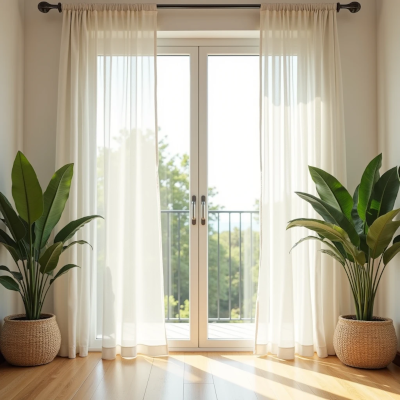 Sala iluminada com portas de vidro e cortinas brancas leves, plantas em vasos de fibra natural nas laterais e entrada abundante de luz natural, criando sensação de frescor e ventilação no verão.