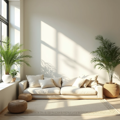 Sala de estar clara com sofá em tom neutro, tapete de fibra natural e plantas tropicais em vasos, aproveitando a luz do sol para criar um ambiente leve, arejado e ideal para o verão.