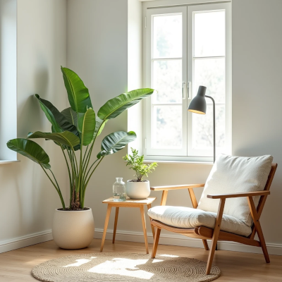 Canto de descanso com poltrona de madeira, mesa lateral e planta de folhas verdes ao lado da janela, iluminado por luz natural, transmitindo frescor, leveza e conforto nos dias de verão.