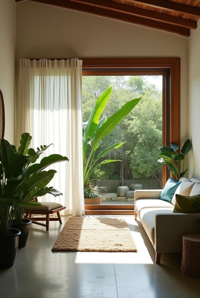 Sala de estar arejada com janelas abertas, cortinas leves e plantas tropicais, transmitindo frescor natural, ventilação e conforto térmico sem ar-condicionado.