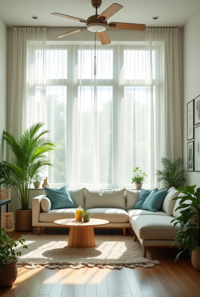 Sala de estar clara e arejada com luz natural filtrada, plantas e tons frios suaves, criando sensação de frescor, leveza e conforto térmico.