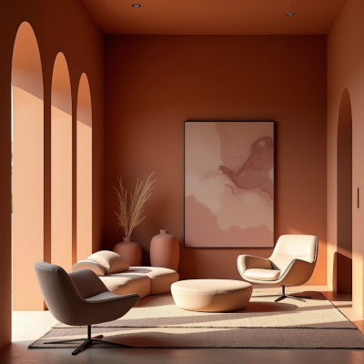 Ambiente contemporâneo com parede terracota e iluminação dramática, transmitindo calor emocional, acolhimento e profundidade sensorial.