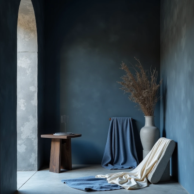 Ambiente em tons de azul profundo com texturas artesanais e luz suave, evocando tranquilidade, introspecção e bem-estar emocional.